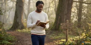 A man walks in a forest, writing in a notebook. Nearby, two wooden signs read “SELF-HELP TRAIL” and “BACKWARDS MANIFESTING.” Sunlight filters through the trees, setting the scene for an introspective journey exploring Backwards Manifesting vs Self-Help.