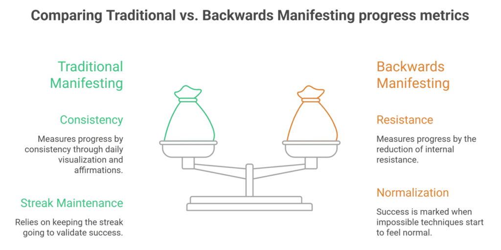 Comparison chart visually comparing Traditional vs Backwards Manifesting Progress Metrics, with scales balancing “Traditional Manifesting” and “Backwards Manifesting.” The chart lists their respective metrics: consistency, streak maintenance, resistance, and normalization.