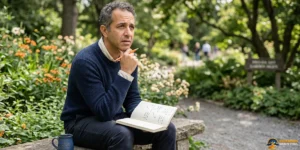 A man sits on a stone bench in a garden, holding a pencil and an open notebook with handwritten notes, appearing thoughtful and perhaps a bit confused about backwards manifesting. A blue mug is beside him, and flowers bloom in the background.
