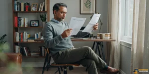 Man sitting in a home office reading documents, with bookshelves, desk, and window in the background—perhaps contemplating questions like, “Does Backwards Manifesting Replace Traditional Manifesting?” as he reviews his notes.