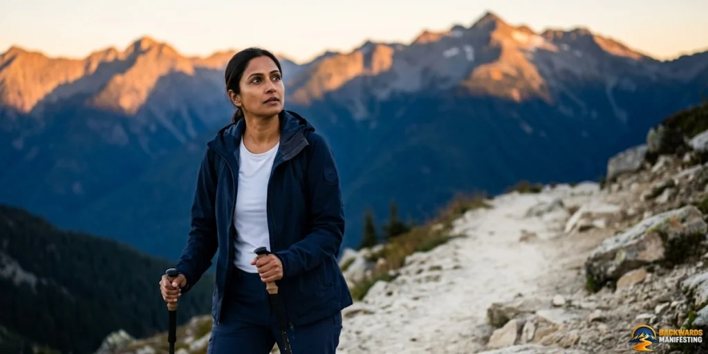 A woman, contemplating how backwards manifesting explains the belief gap, hikes on a rocky mountain trail with trekking poles, wearing a navy jacket and white shirt, framed by sunlit mountains in the background.