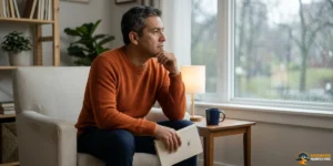 A man in an orange sweater sits in a chair holding a closed laptop, gazing out a window on a rainy day, lost in thought as if manifesting feels fake to him.
