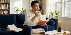 A man sits on a blue couch holding a notebook and pen, surrounded by books, papers, and a coffee mug in a well-lit living room, thoughtfully exploring various manifesting methods as he journals his intentions.