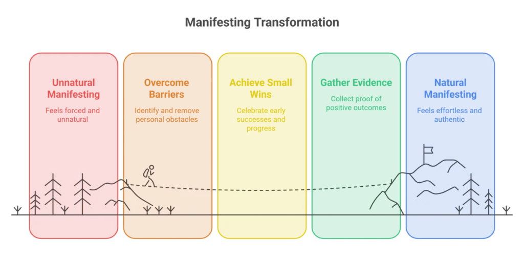 A five-stage chart from “Unnatural Manifesting” to “Natural Manifesting,” illustrating a journey of Manifesting Transformation through steps like Overcome Barriers, Achieve Small Wins, and Gather Evidence, complemented by simple line art featuring mountains and a path.