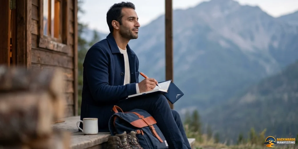 A man sits on a wooden porch with a notebook, pen, and coffee mug, looking thoughtful. Beside him are a backpack and boots—signs of The Missing Piece — Preparation for an adventure ahead—with mountains rising majestically in the background.