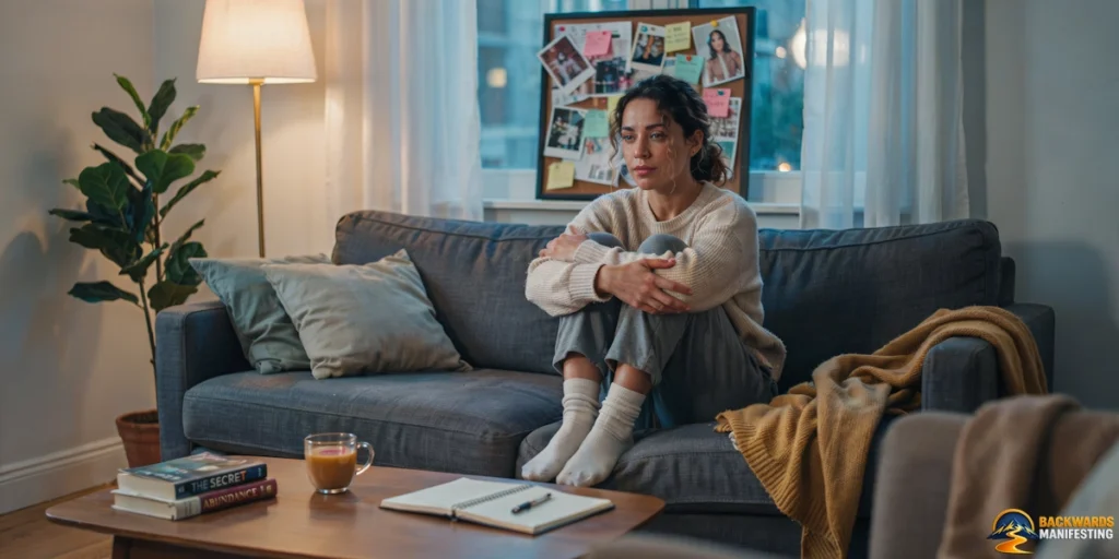 A woman sits on a couch hugging her knees, looking thoughtful, as if realizing that traditional manifesting isn’t enough for the changes she seeks. A notebook, pencil, and cup sit on the coffee table—tools ready for new approaches. In the background, a lamp glows softly beside stacks of books and a photo board filled with inspiration.