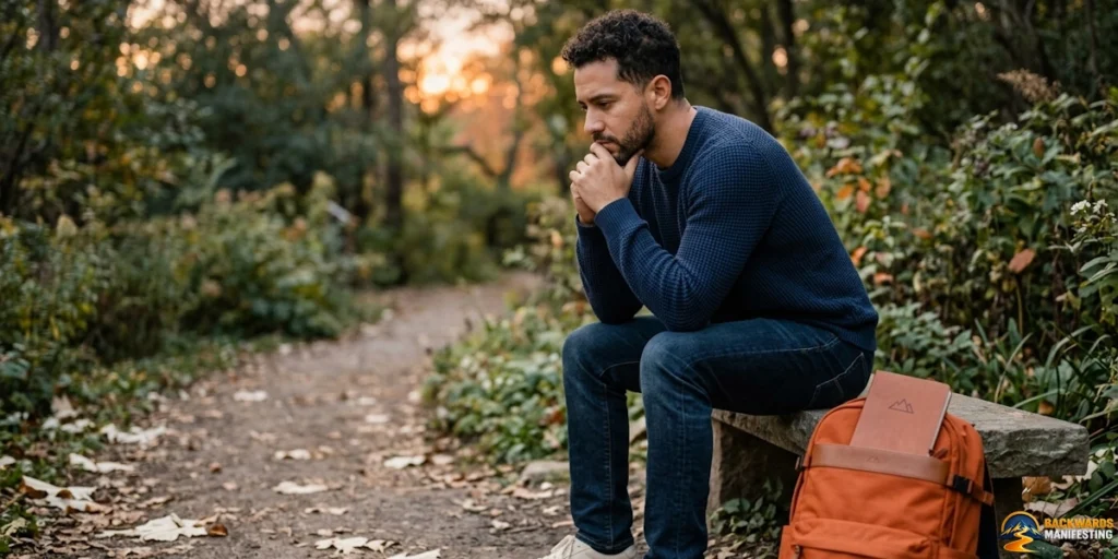 A man sits on a stone bench in a wooded park, resting his chin on his hands and looking thoughtful, perhaps pondering What This Fake Feeling Really Means About You. An orange backpack is placed beside him on the bench.