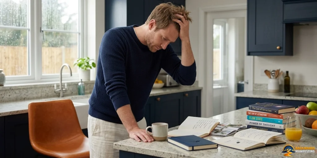 A man stands in a kitchen, leaning on a counter with books, a notebook, a mug, and papers, appearing stressed or deep in thought—perhaps pondering who Backwards Manifesting was created for.