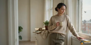 A woman holding a white mug stands by a window, looking outside and contemplating, “Why can’t I believe my manifestations?” A notepad, phone, and plant sit on a nearby counter, while a bird is visible in the sky outside.