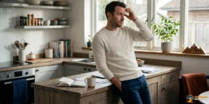 A man in a light sweater leans on a kitchen counter, looking pensive—perhaps contemplating why manifestation isn’t working for him. An open notebook, papers, and a mug sit on the counter as natural light streams through the window.